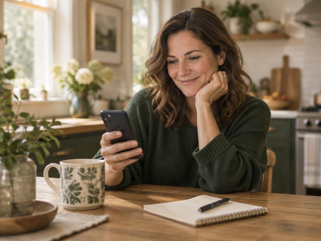 A homeowner reading an email from The Wise Home on her phone at the kitchen table